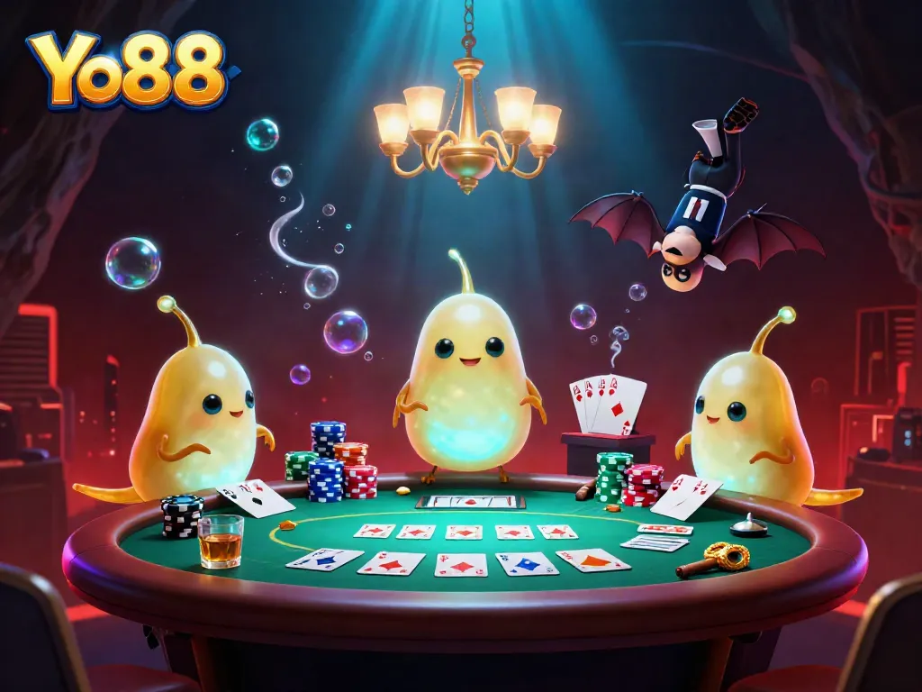 Experience the vibrant, illuminated Yo88 casino with glowworms creating a festive atmosphere around the card table.