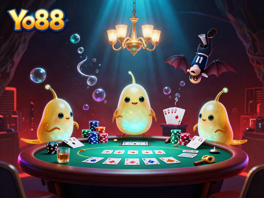 Experience the vibrant, illuminated Yo88 casino with glowworms creating a festive atmosphere around the card table.