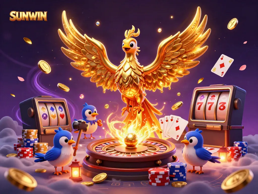 Join the thrilling world of SUNWIN with gold coins and winning playing cards in an action-packed casino scene!