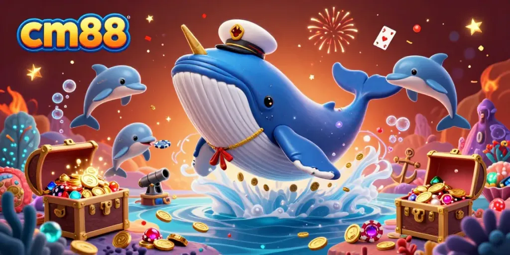 Experience the exciting underwater world of cm88 where a giant whale, narwhal, and dolphins play with poker chips.