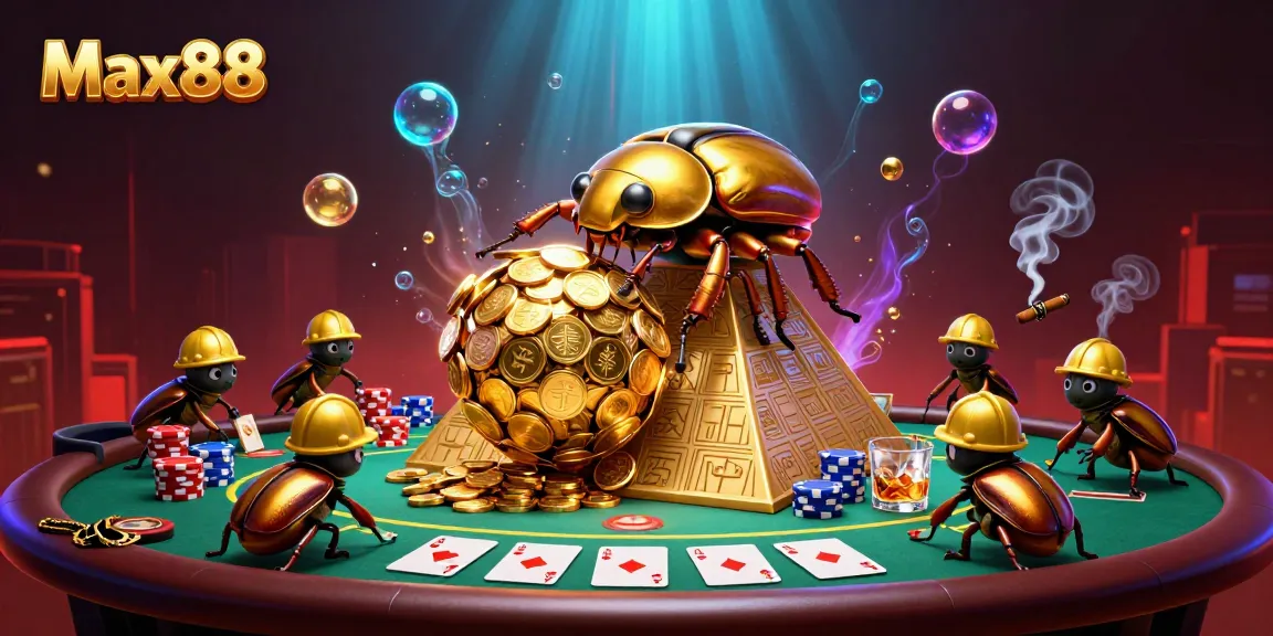 Max88 showcases a golden beetle and poker elements rolling towards big wins in an immersive casino scene.