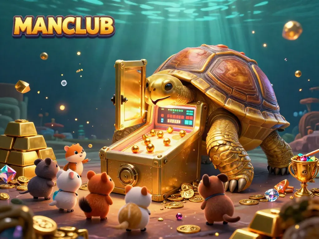 Experience excitement at MANCLUB with a vibrant casino scene featuring a colossal tortoise pinball machine and treasure vault.