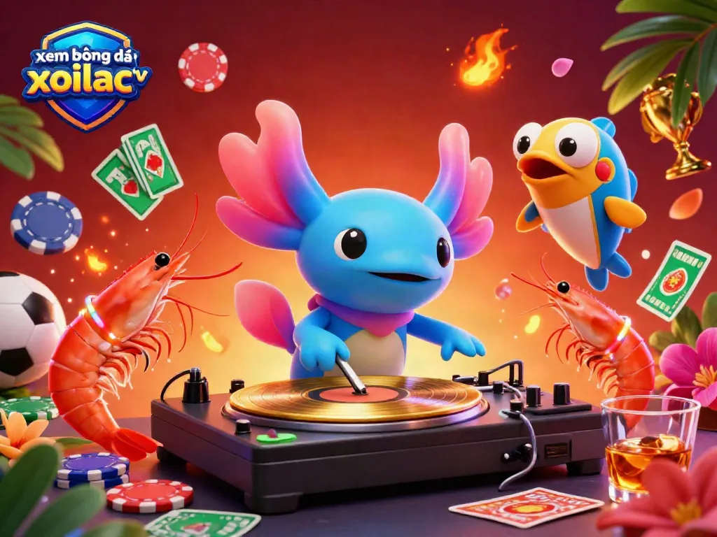 Engage in xem bóng đá xoilac tv as a playful axolotl DJ spins records at an underwater party scene.