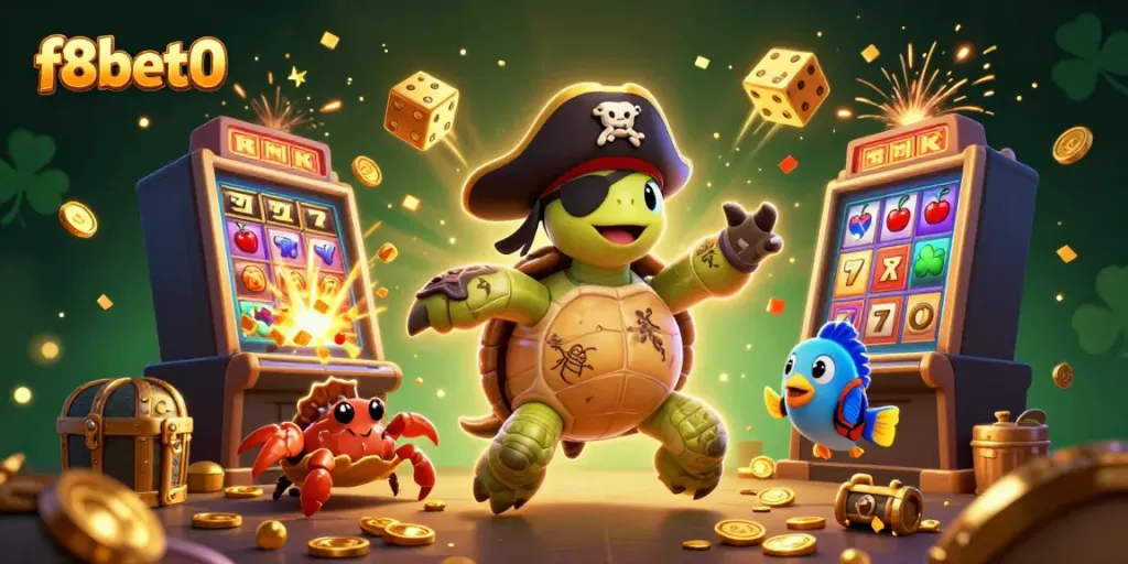 Experience excitement at f8bet0 with a turtle pirate and treasures in a vibrant 3D casino scene.