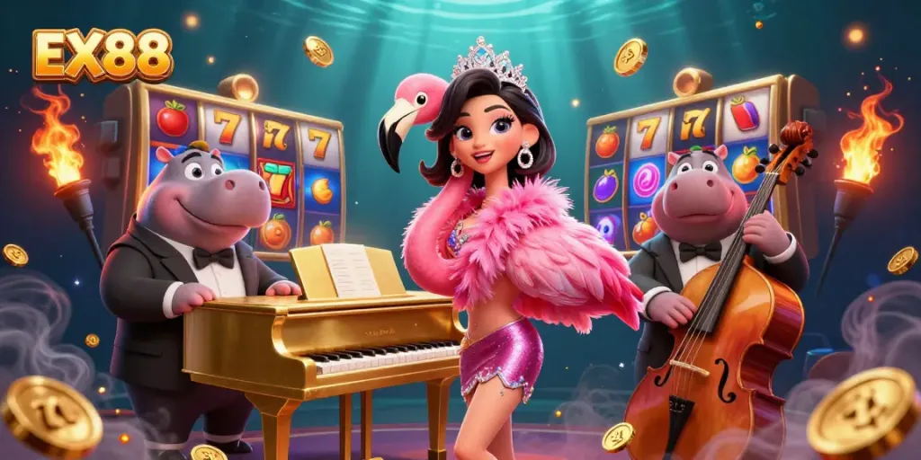 Join the excitement at EX88 with a lively casino scene featuring a flamingo singer and hippo bassist.