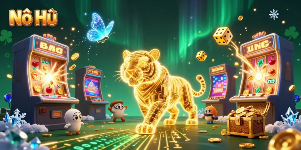 Nổ Hũ features an energetic golden tiger in a vibrant casino scene with jackpots and gaming excitement.