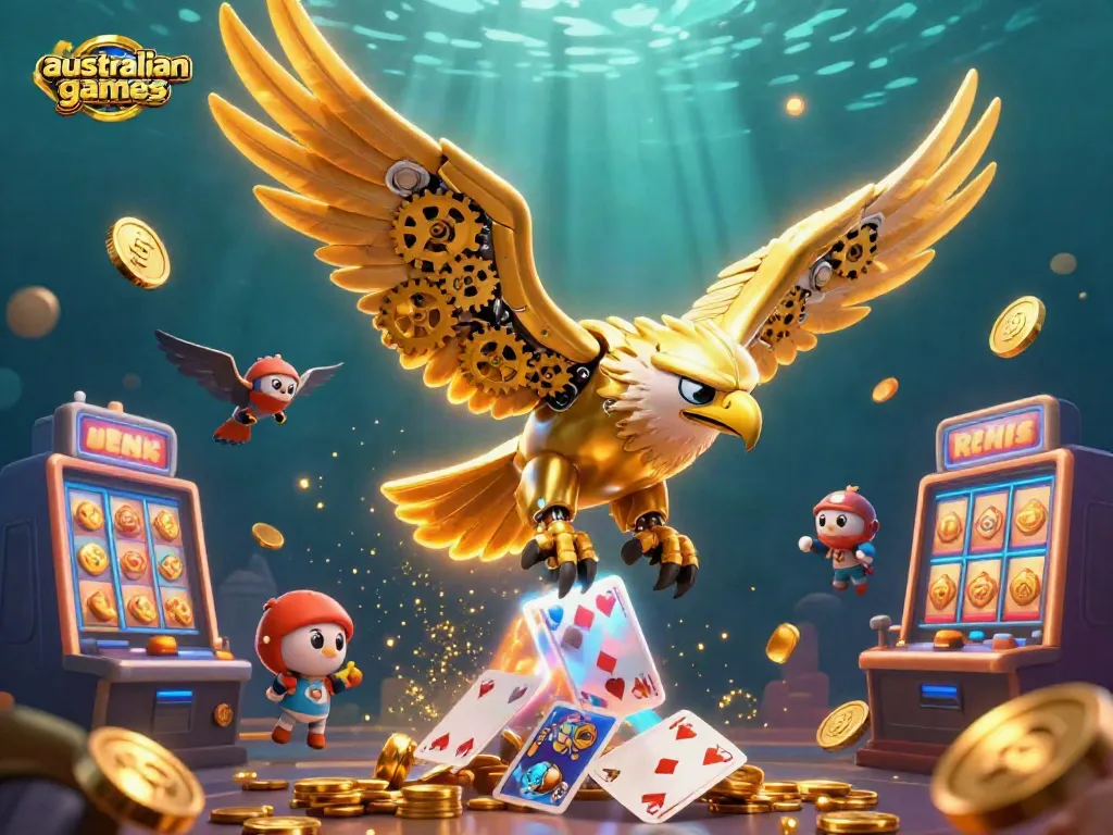 Experience the thrill of australian casino games with a cybernetic eagle surrounded by dynamic slot elements.