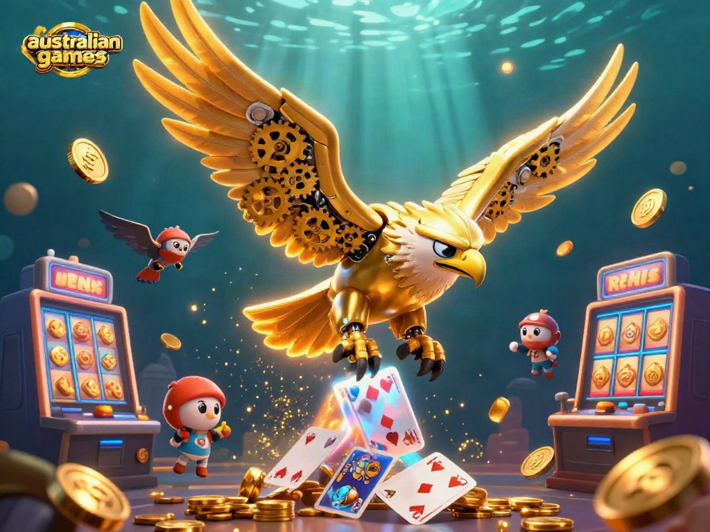 Experience the thrill of australian casino games with a cybernetic eagle surrounded by dynamic slot elements.