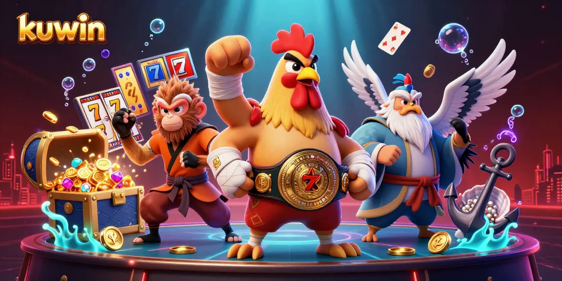 Kuwin enhances entertainment with lively cartoon characters amidst vibrant casino game elements.