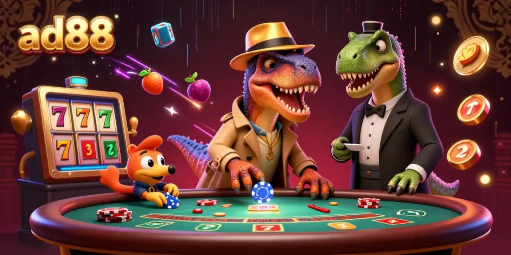 Engage with gaming action at ad88 with a cartoon velociraptor card counter and friends at a vibrant blackjack table.