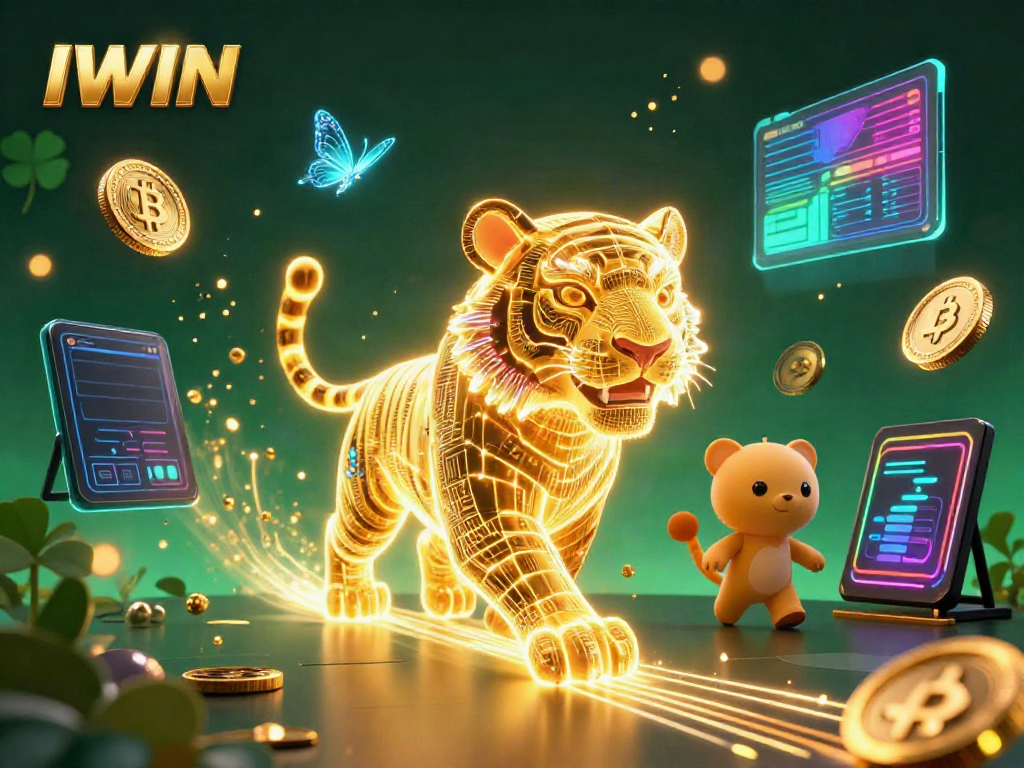 IWIN features a captivating 3D casino scene with a golden tiger and digital elements reflecting gaming energy.