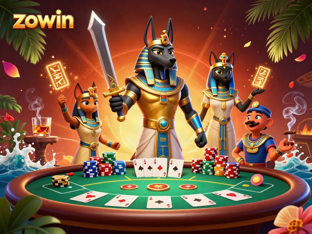 Zowin enhances the gaming experience with a vibrant scene of Anubis and Bastet at a lively casino table.