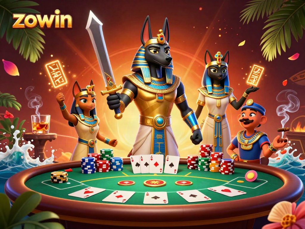 Zowin enhances the gaming experience with a vibrant scene of Anubis and Bastet at a lively casino table.