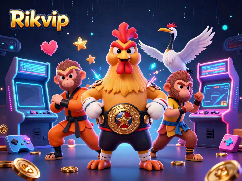 Engage in exciting games at Rikvip with a vibrant 3D digital illustration showcasing colorful casino elements.