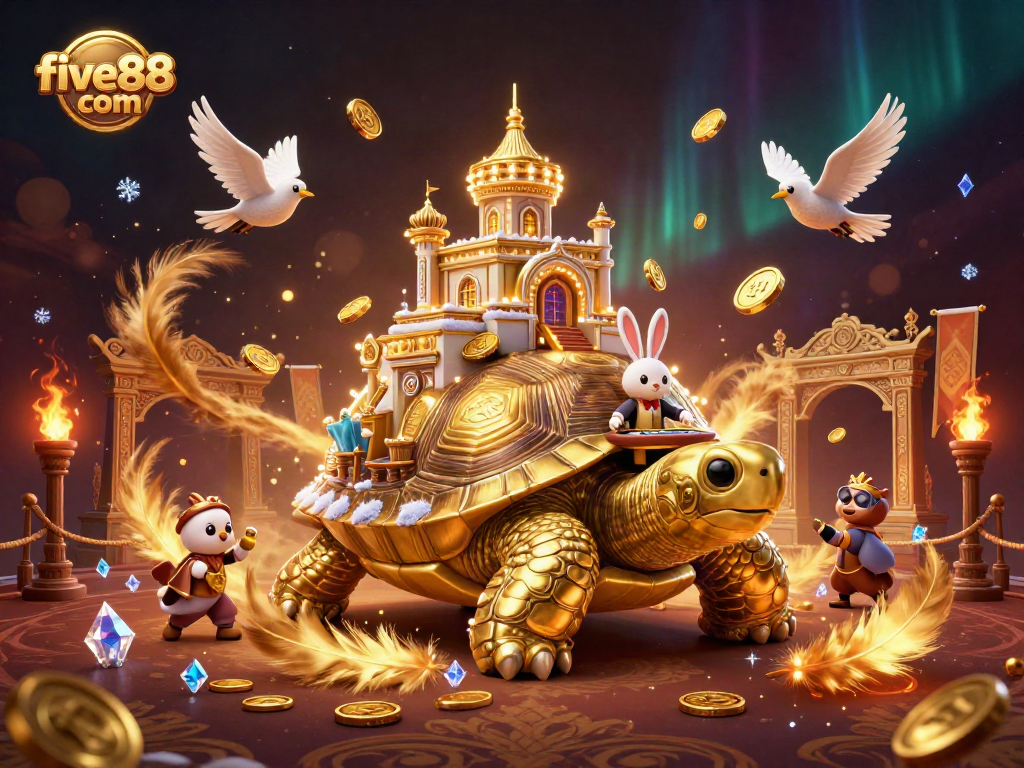 Experience thrilling wins at five88 com with a rich casino scene featuring a golden tortoise and a rabbit dealer.