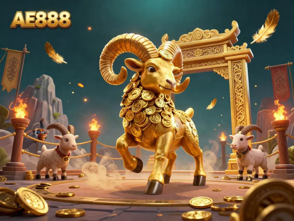 Experience the thrill of AE888 as the golden ram charges through a vibrant casino scene filled with festive elements.