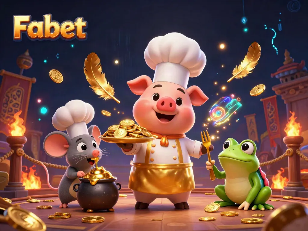 Experience the thrill of Fabet with a gourmet presentation of gold coins by a chef pig surrounded by dynamic casino elements.