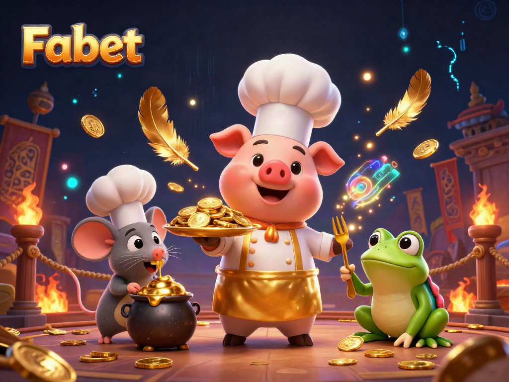 Experience the thrill of Fabet with a gourmet presentation of gold coins by a chef pig surrounded by dynamic casino elements.