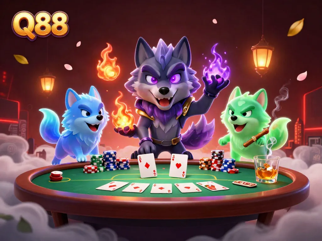 Experience thrilling poker action at Q88 with ghostly wolves and high-stakes elements.