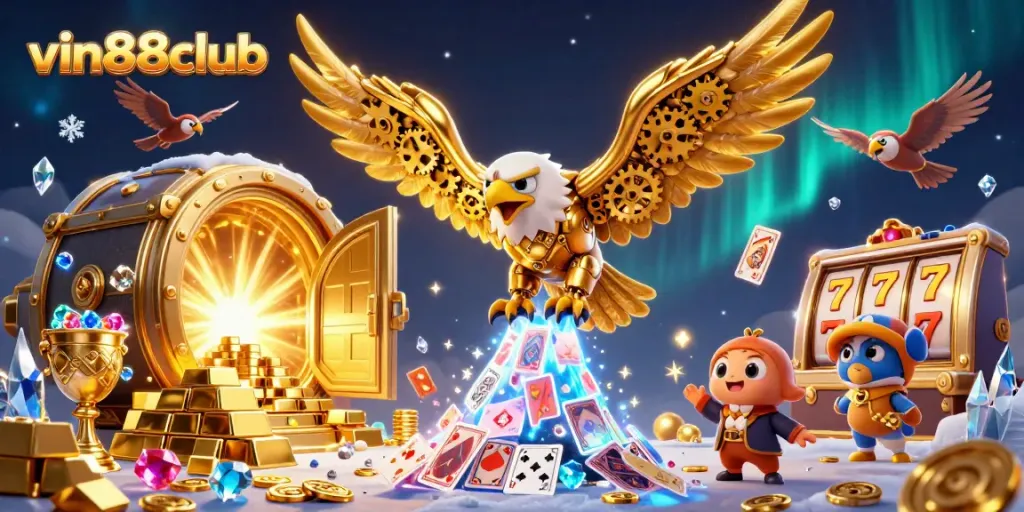 Experience the thrilling world of vin88club with an adventurous golden eagle amidst casino treasures.