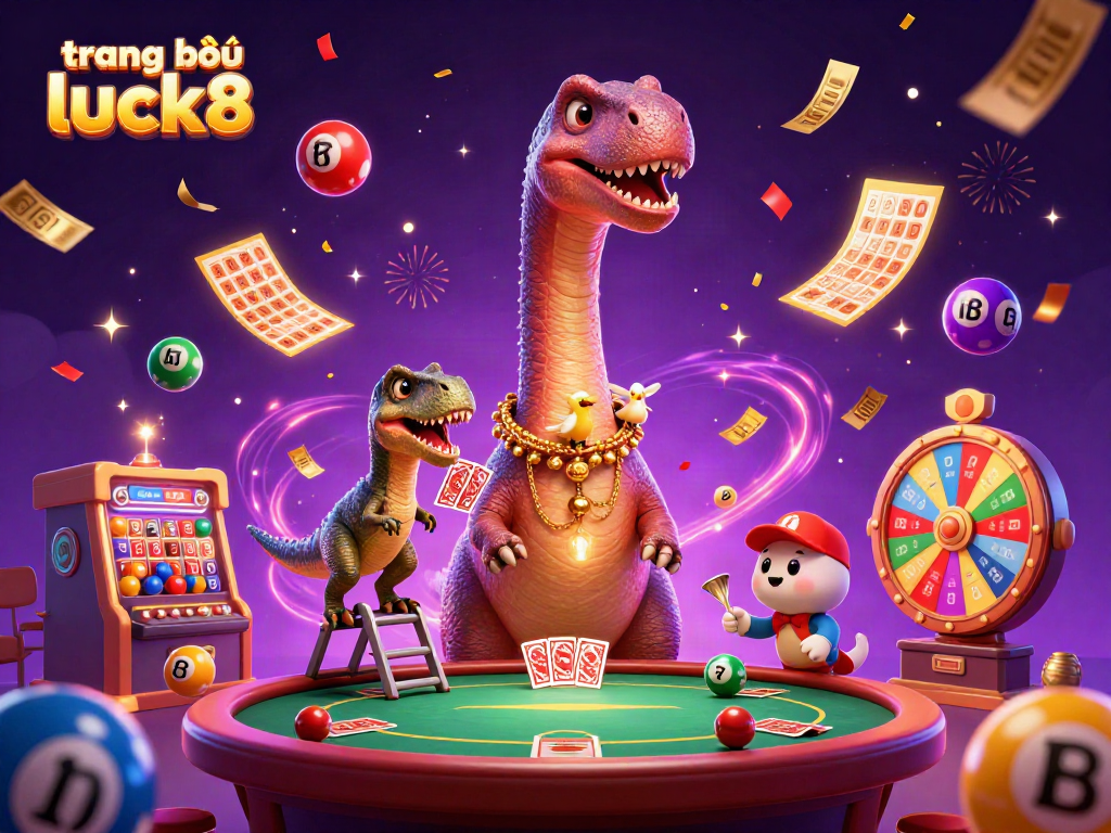 Engage with the vibrant world of trang chủ luck8 as a colossal brontosaurus towers over a lively casino scene, showcasing thrilling gaming elements.
