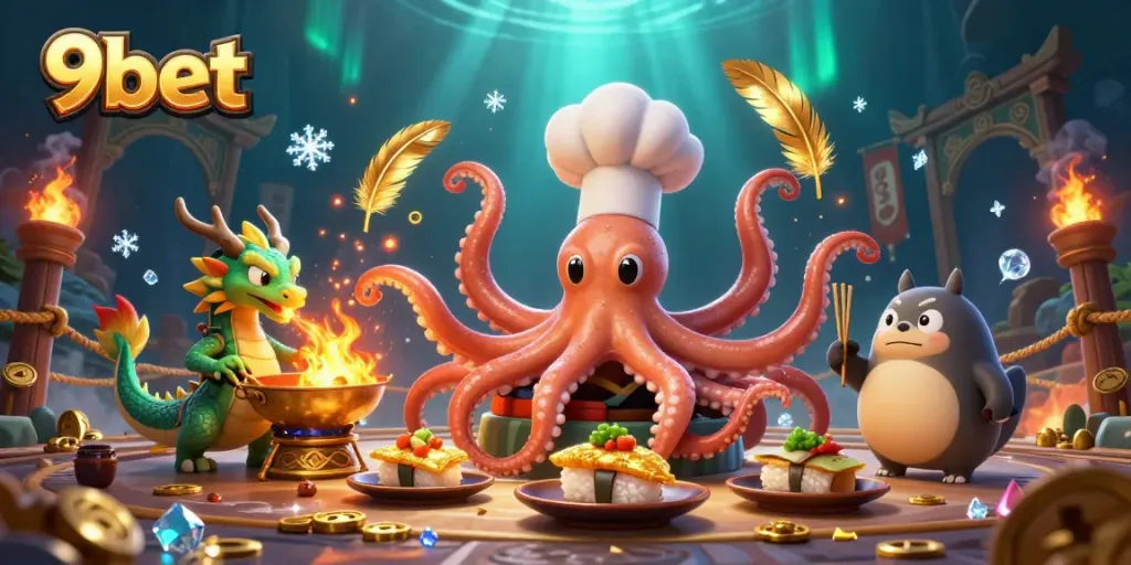 Experience vibrant 9bet casino action with a sushi chef octopus and a dragon, rich in gaming elements.
