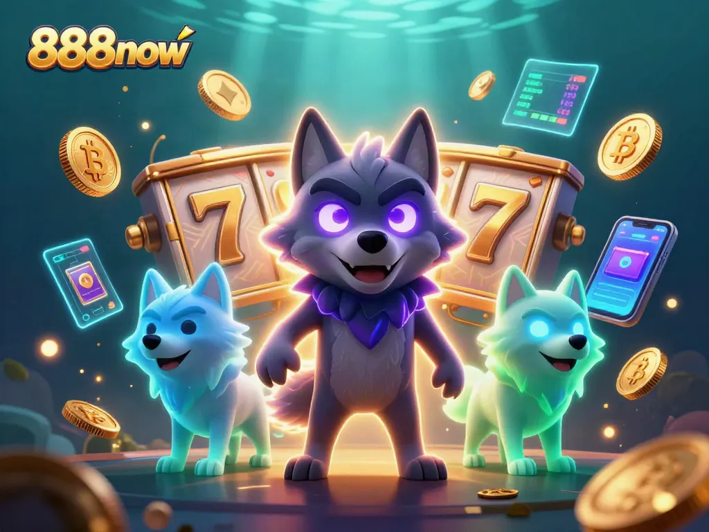 Engage in thrilling gameplay with 888now, featuring vivid slot elements and mystical wolf characters.