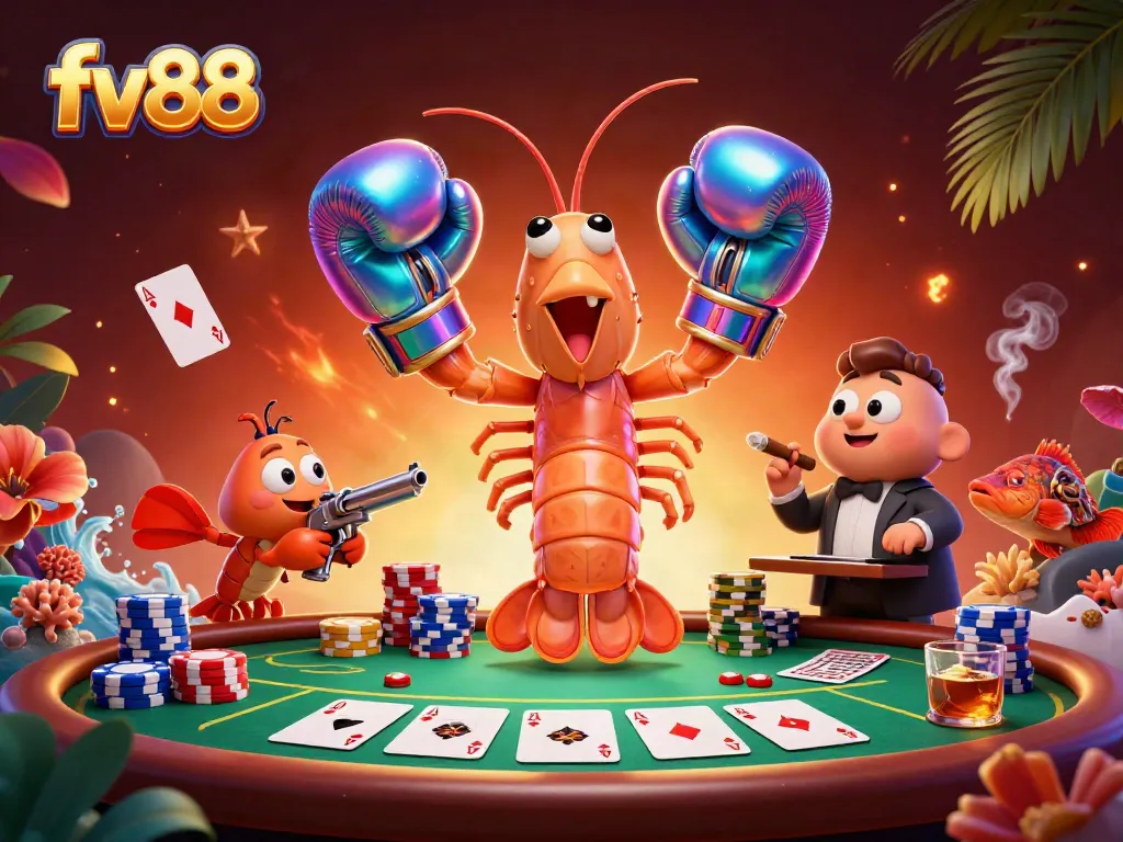 Engage in thrilling gambling action with FV88, featuring vibrant poker elements and dynamic shrimp characters.
