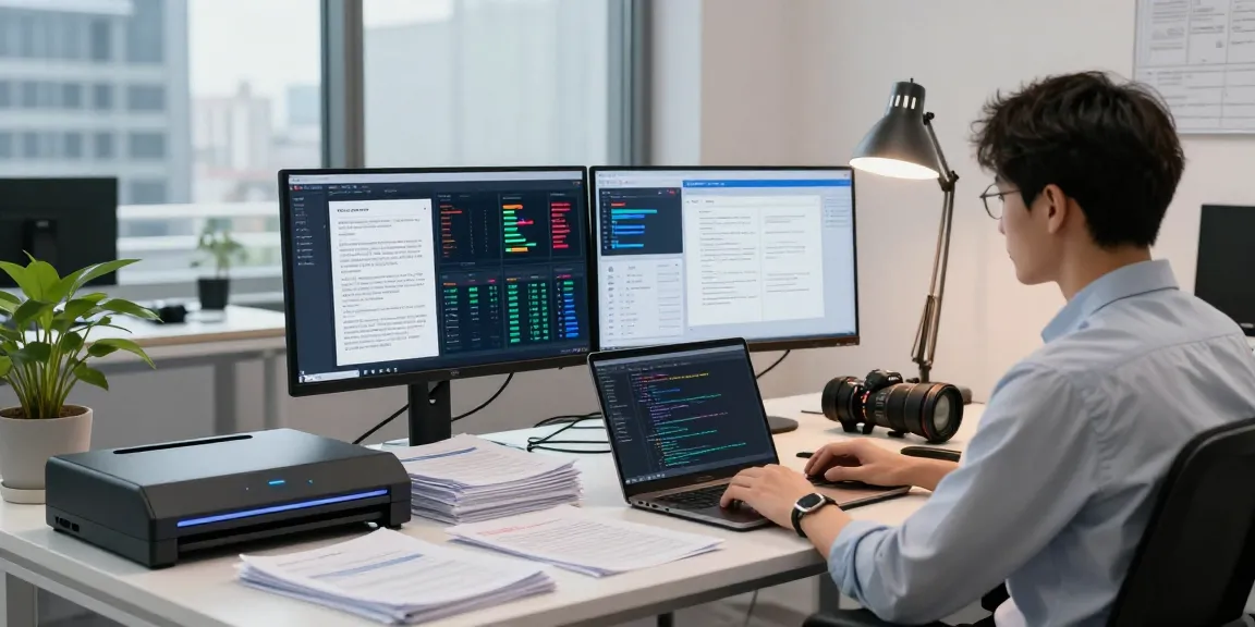 Engaging workspace for document fraud detection analysis with vibrant data visualizations and advanced scanning equipment.