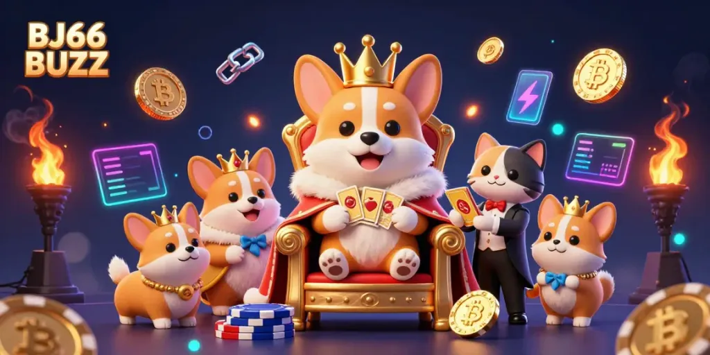 BJ66 BUZZ features a royal corgi on a throne of poker chips, showcasing a vibrant casino atmosphere.
