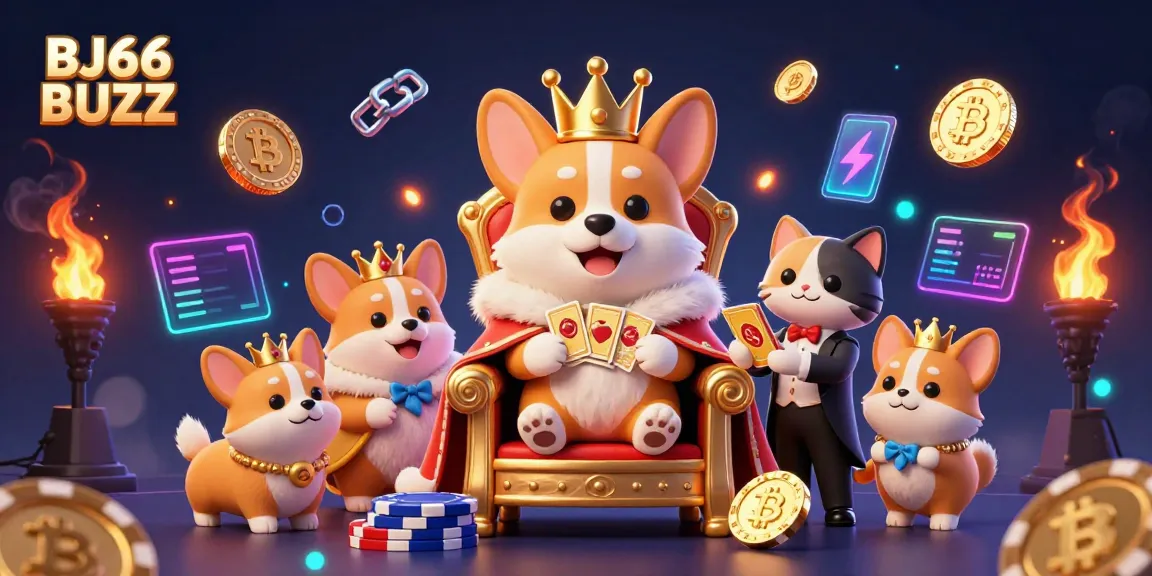 BJ66 BUZZ features a royal corgi on a throne of poker chips, showcasing a vibrant casino atmosphere.