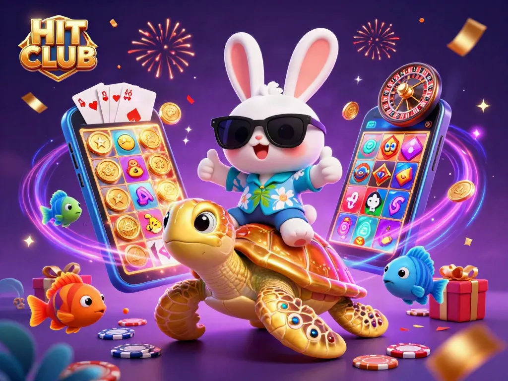 Engage with HIT CLUB by spinning exciting slot games, navigating vibrant casino elements.