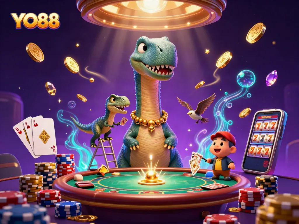 Engage in thrilling casino action with YO88 as a towering brontosaurus oversees the poker table.