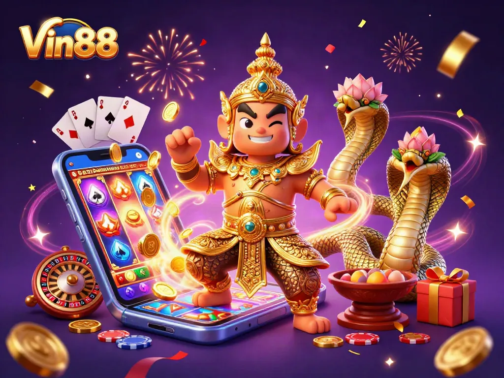 Vin88 captivates players with an enchanting scene of casino elements, featuring rich 3D guardians and gaming excitement.