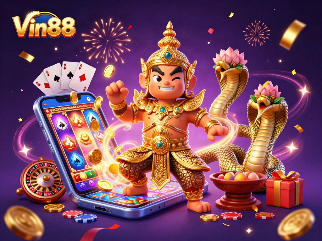 Vin88 captivates players with an enchanting scene of casino elements, featuring rich 3D guardians and gaming excitement.