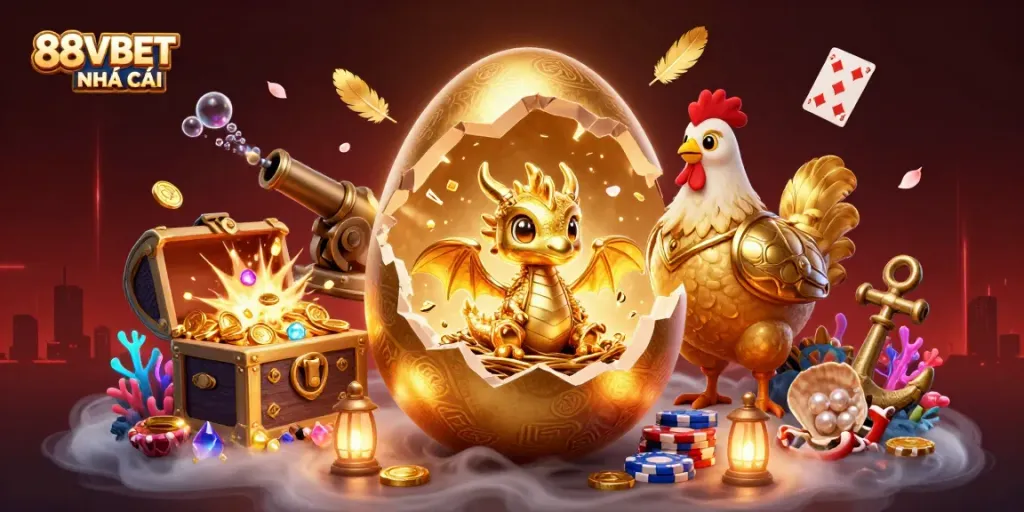 Experience the excitement of 88VBET NHÀ CÁI with a dazzling golden dragon and poker chips in a rich casino-themed scene.