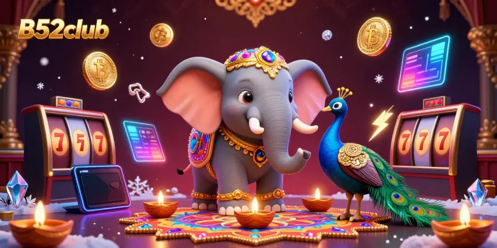 Engage with B52club in an exciting 3D casino scene featuring an illustrated elephant and slots.