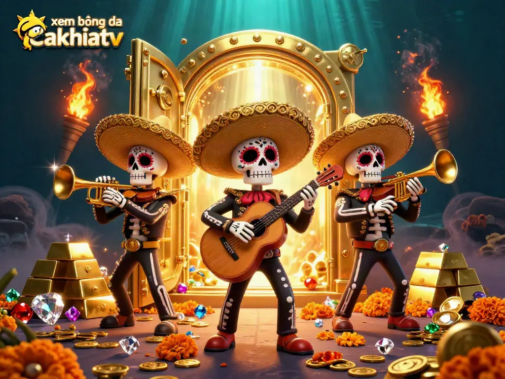 Experience xem bóng đá cakhiatv with lively mariachi skeletons surrounded by golden treasures and action