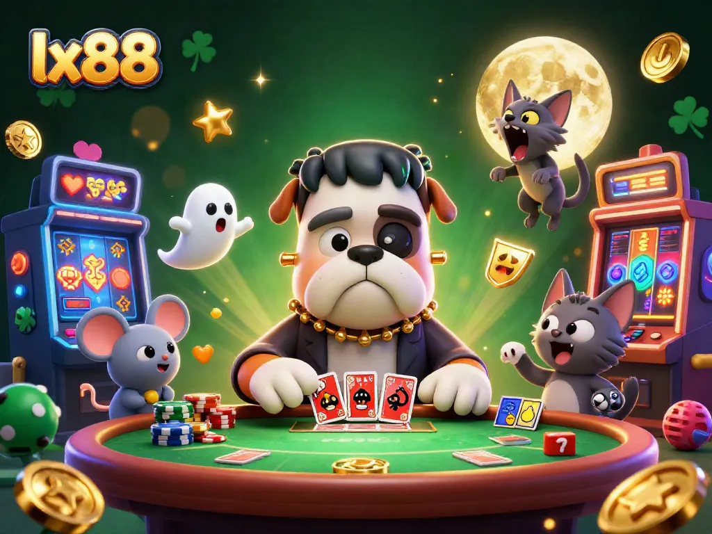 lx88 engaging players at a poker table with spooky elements and vibrant gaming visuals