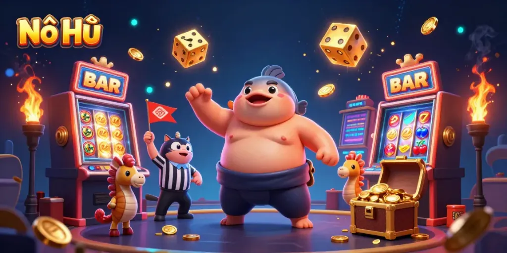Nổ Hũ game scene featuring a lively blowfish, referee catfish, and extravagant slot machine visuals.