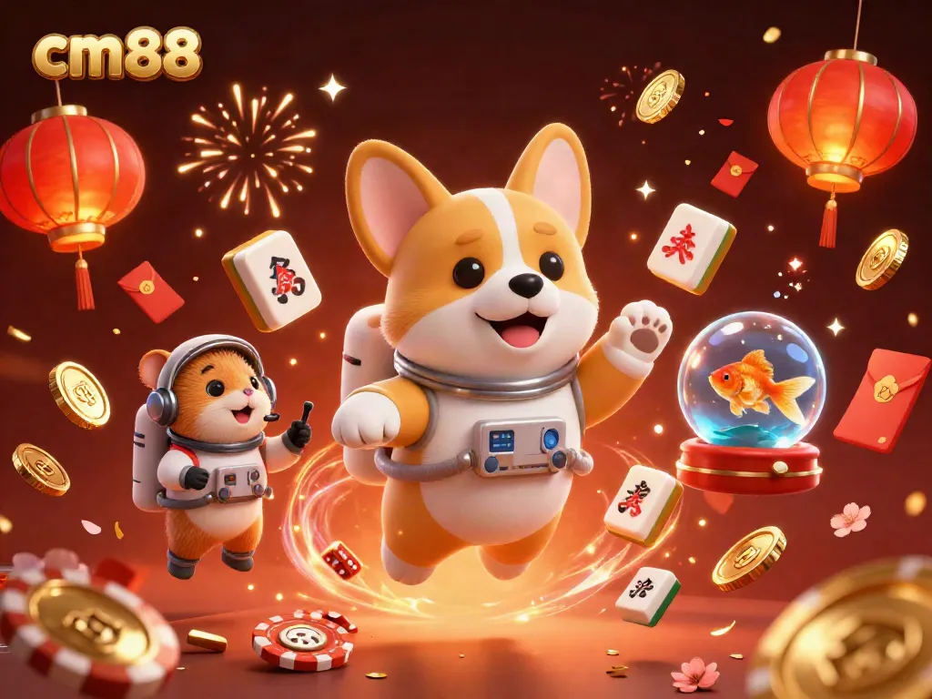 Experience exhilarating gaming at cm88 with a 3D illustration of a floating astronaut corgi in a cosmic casino.