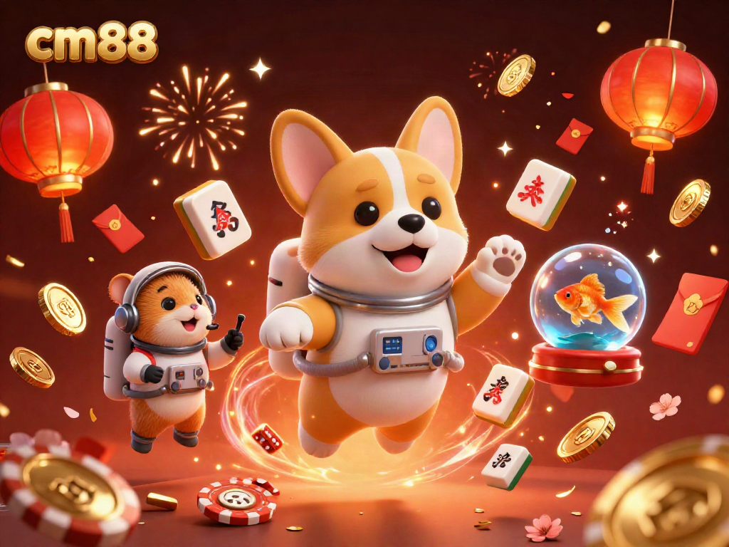 Experience exhilarating gaming at cm88 with a 3D illustration of a floating astronaut corgi in a cosmic casino.