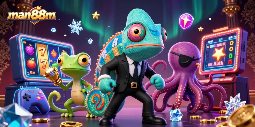 Experience thrilling gameplay at man88m with a vibrant illustration of colorful slot reels and charismatic characters.