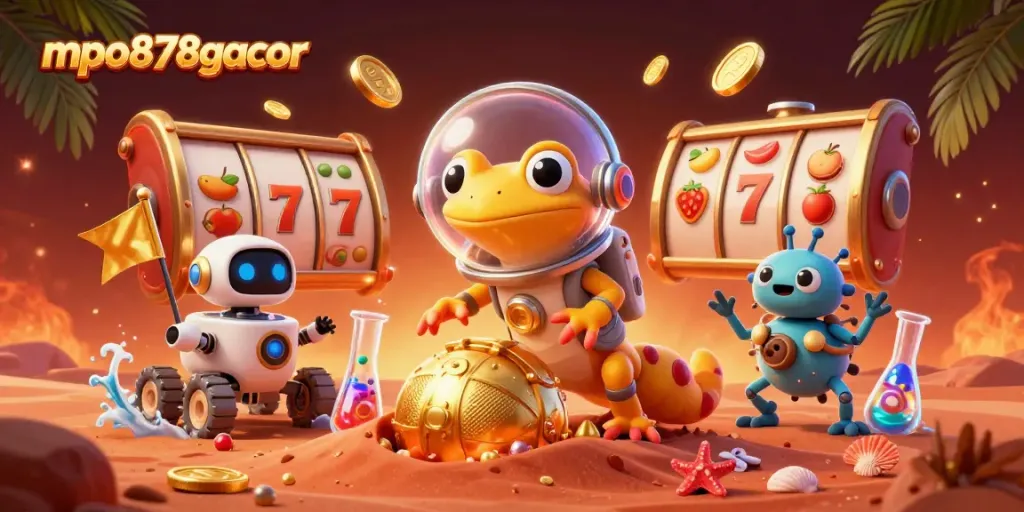 Gali kemenangan maxwin di mpo878gacor dengan kasino emas di Mars. Slot bersinar dan gecko kartun yang ceria.