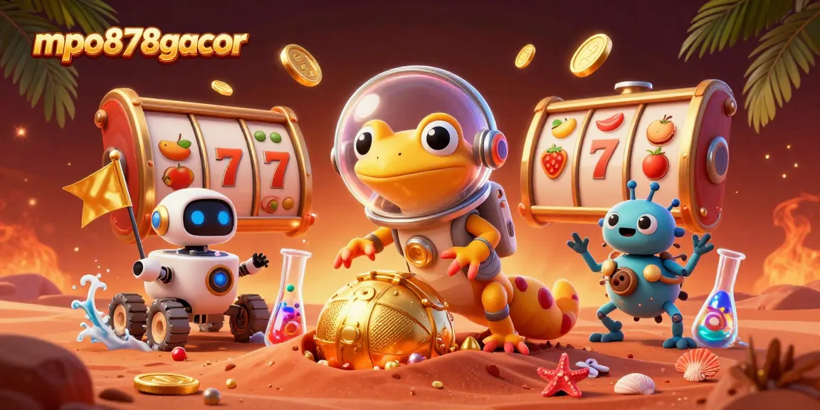 Gali kemenangan maxwin di mpo878gacor dengan kasino emas di Mars. Slot bersinar dan gecko kartun yang ceria.