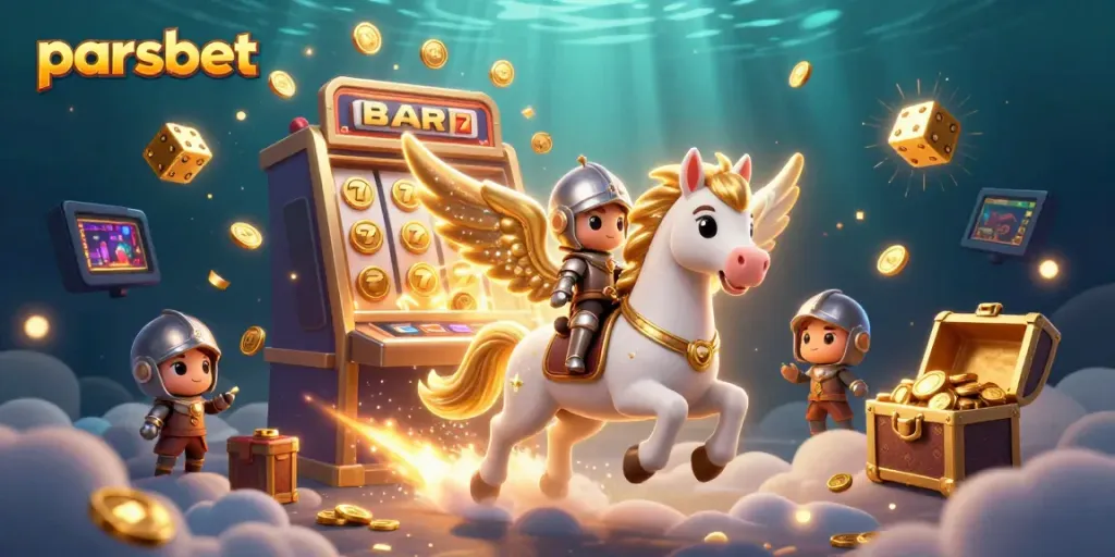 Engage with parsbet's thrilling casino adventure, featuring a winged horse and explosive slot machine action.