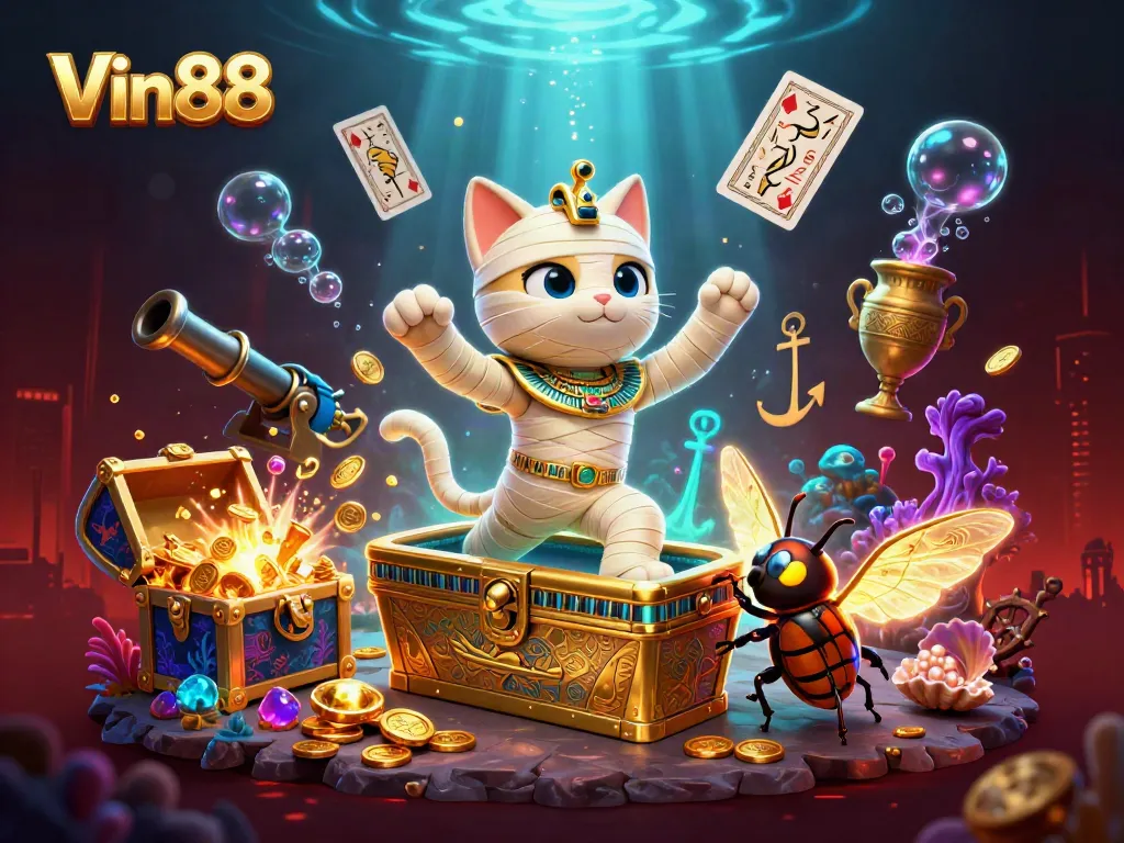 Experience exciting gameplay at Vin88 with a dynamic 3D illustration featuring casino themes and vibrant graphics.