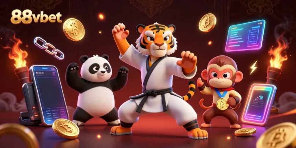 Engage with 88vbet in a vibrant 3D scene showcasing a kung fu master, a panda disciple, and a playful monkey amid crypto elements.
