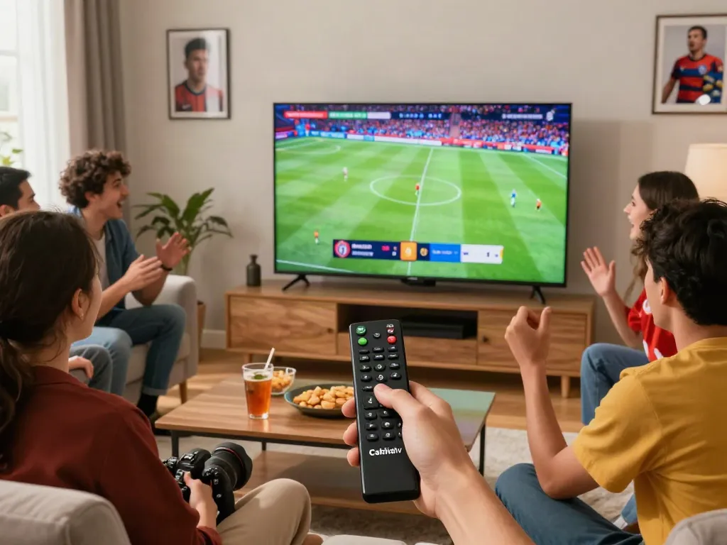 Exciting football match on Cakhiatv in a lively living room with friends.