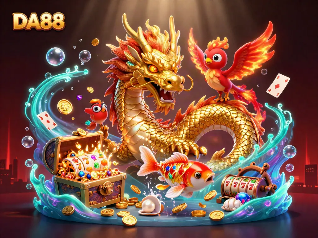 Engage in thrilling gameplay with DA88 as a majestic dragon and vibrant phoenix soar over slot reels and treasure.
